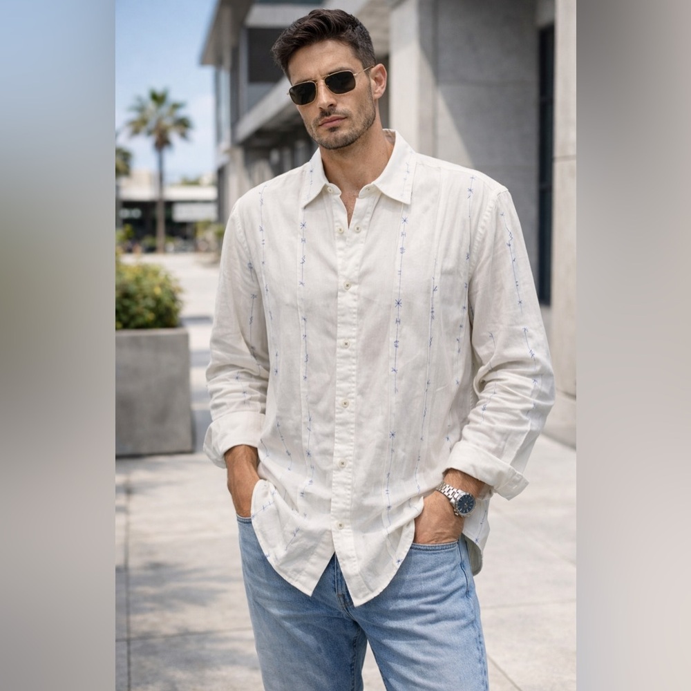 Johnny Cotton Men's Cream Button-Down Shirt with Blue Detailing
A3
